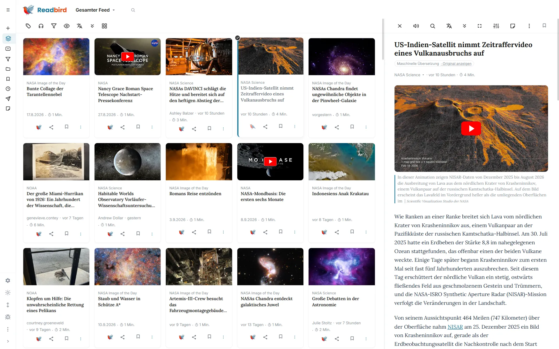 Readbird — Ansicht „Karten“ am Desktop