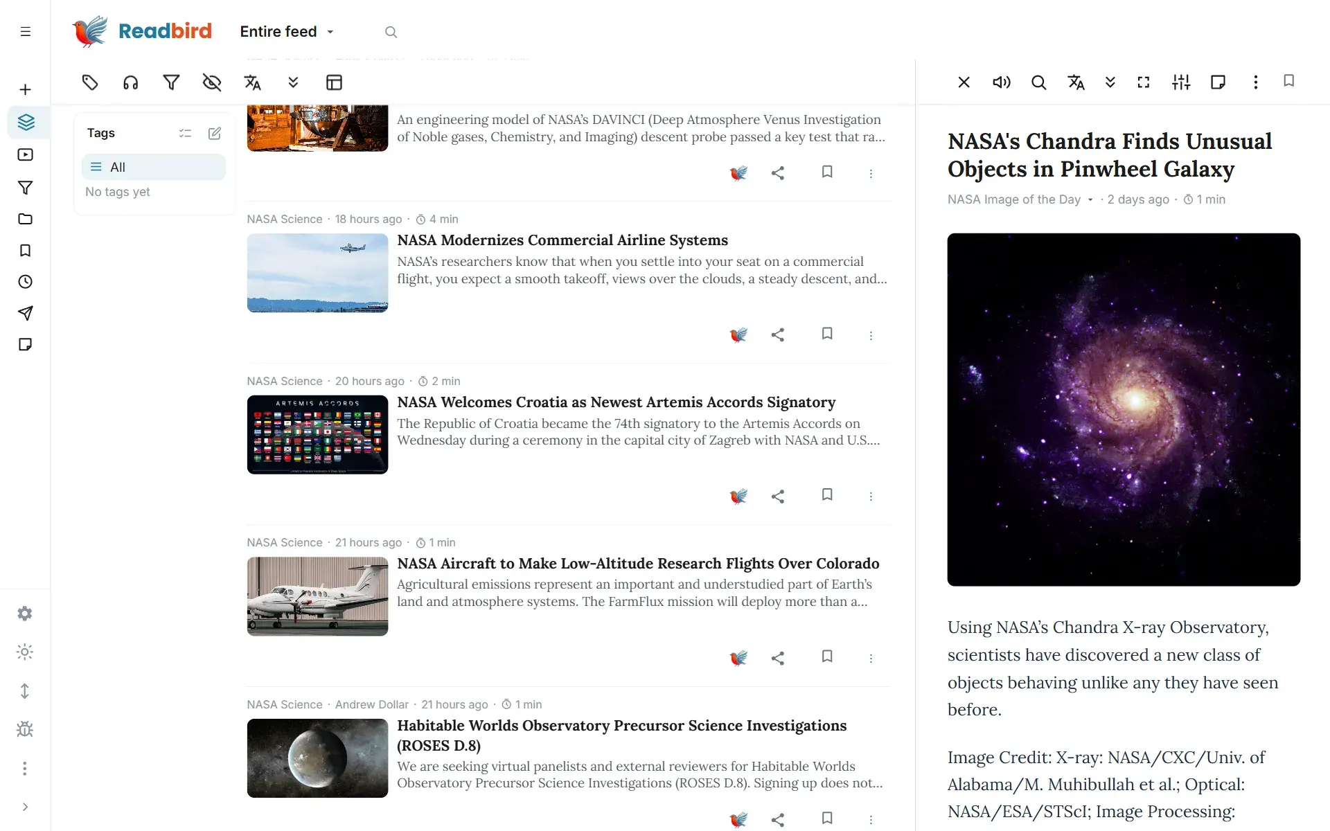 Readbird — an article in the reader on desktop